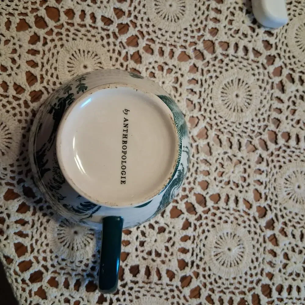 Anthropologie mug unicorn birds cream green coffee tea